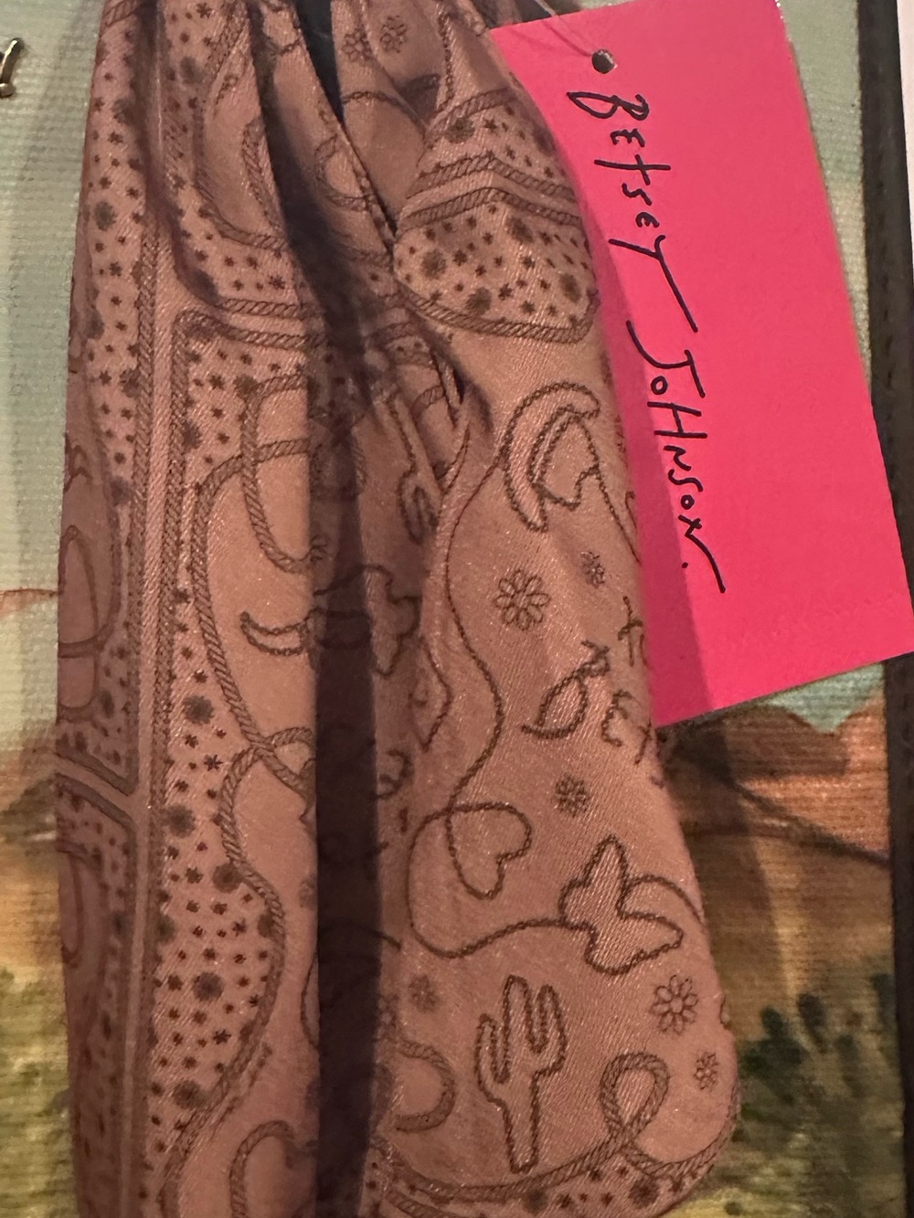 Betsey Johnson Brown and Pink Western Longhorn Print Tote with Scarf - Picture 4 of 6